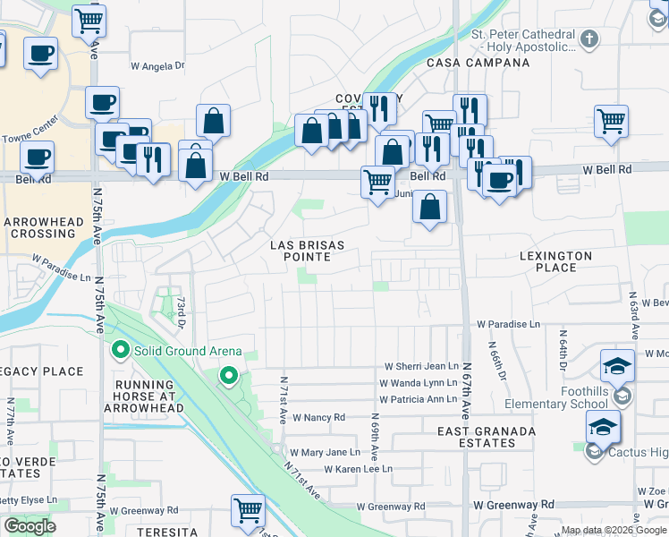 map of restaurants, bars, coffee shops, grocery stores, and more near 6982 West Kings Avenue in Peoria