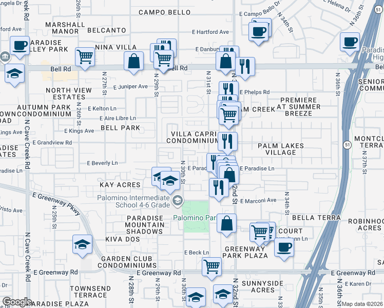 map of restaurants, bars, coffee shops, grocery stores, and more near 3050 Scully Drive in Phoenix