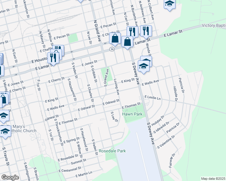 map of restaurants, bars, coffee shops, grocery stores, and more near 1421 East Wells Avenue in Sherman