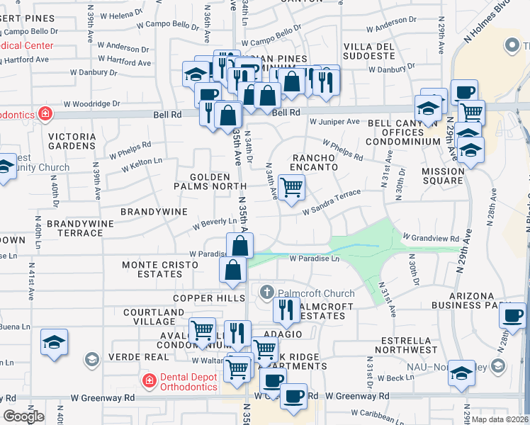map of restaurants, bars, coffee shops, grocery stores, and more near 3420 West Sandra Terrace in Phoenix