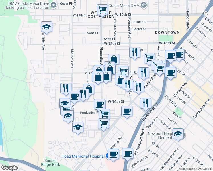 map of restaurants, bars, coffee shops, grocery stores, and more near 1660 Placentia Avenue in Costa Mesa