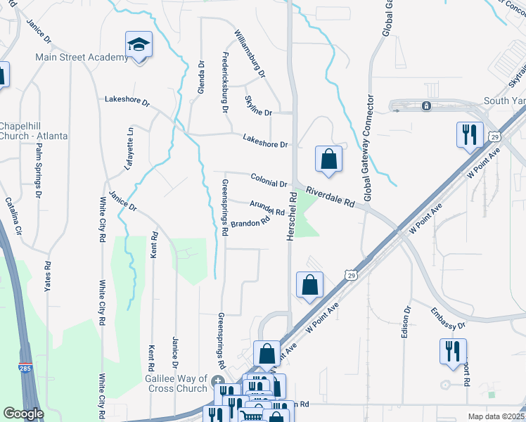 map of restaurants, bars, coffee shops, grocery stores, and more near 2594 Arundel Road in College Park