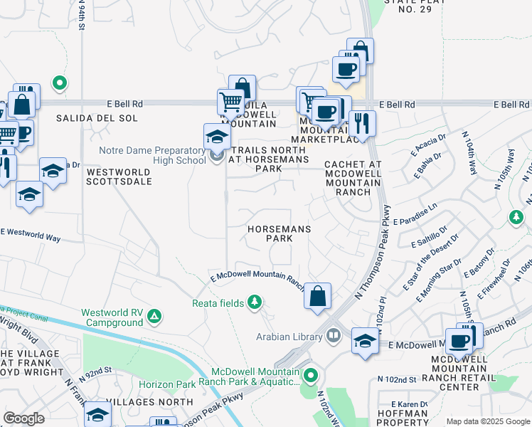 map of restaurants, bars, coffee shops, grocery stores, and more near 9879 East Rosemary Lane in Scottsdale