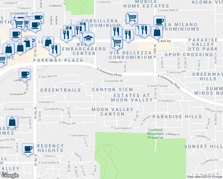 map of restaurants, bars, coffee shops, grocery stores, and more near 1229 East Sandra Terrace in Phoenix