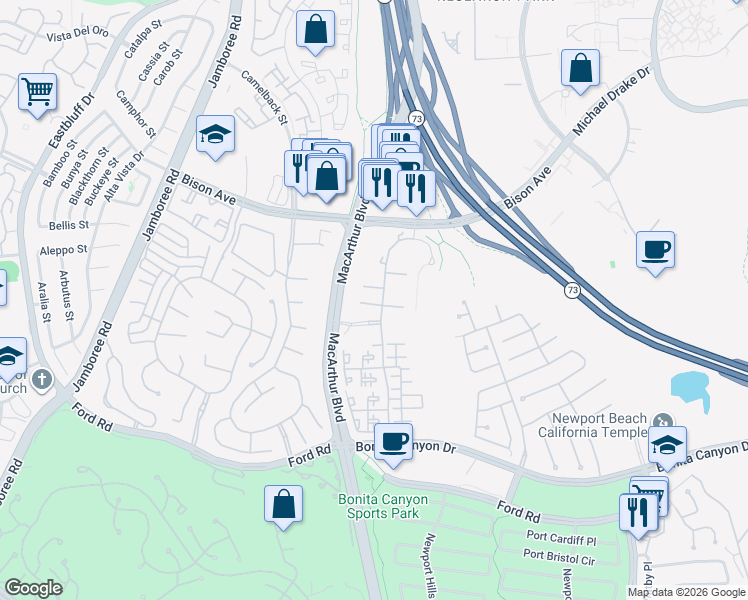 map of restaurants, bars, coffee shops, grocery stores, and more near 6311 Residencia in Newport Beach