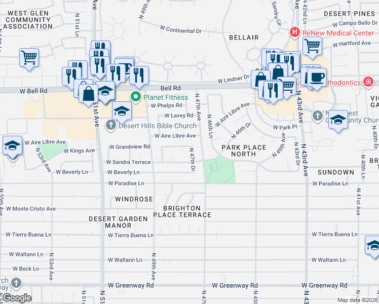 map of restaurants, bars, coffee shops, grocery stores, and more near 16418 North 47th Drive in Glendale