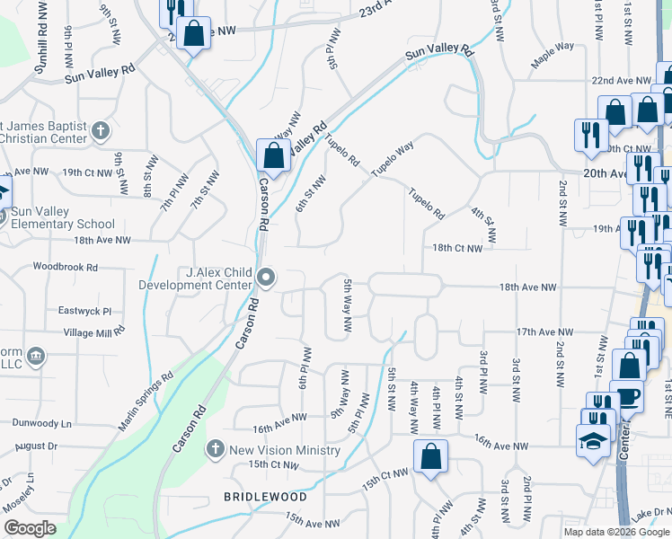 map of restaurants, bars, coffee shops, grocery stores, and more near 1817 5th Way Northwest in Center Point