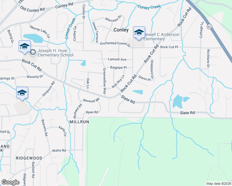 map of restaurants, bars, coffee shops, grocery stores, and more near 1636 Slate Road in Conley