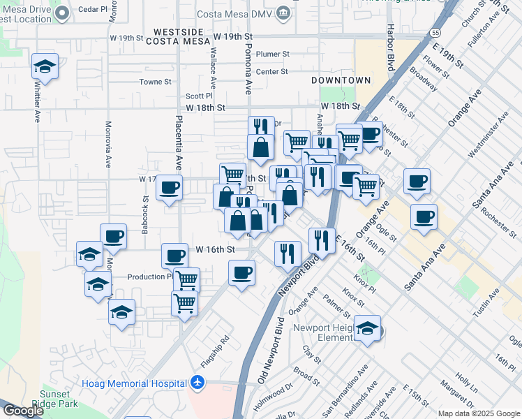 map of restaurants, bars, coffee shops, grocery stores, and more near 623 Cardiff Reef in Costa Mesa