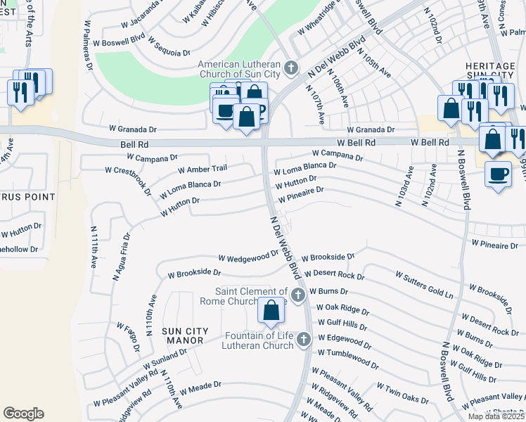 map of restaurants, bars, coffee shops, grocery stores, and more near 10705 W Pineaire Dr in Sun City