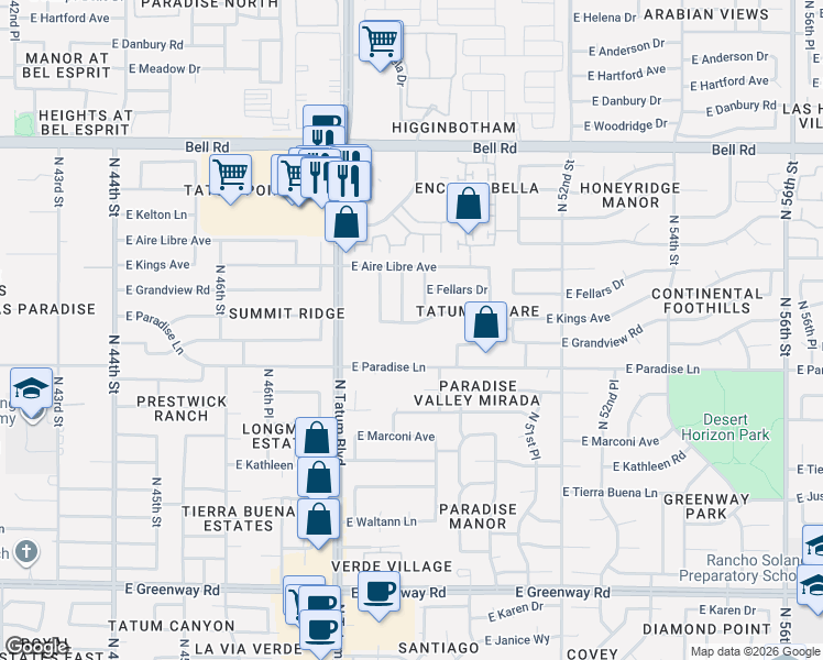 map of restaurants, bars, coffee shops, grocery stores, and more near 4907 East Kings Avenue in Phoenix