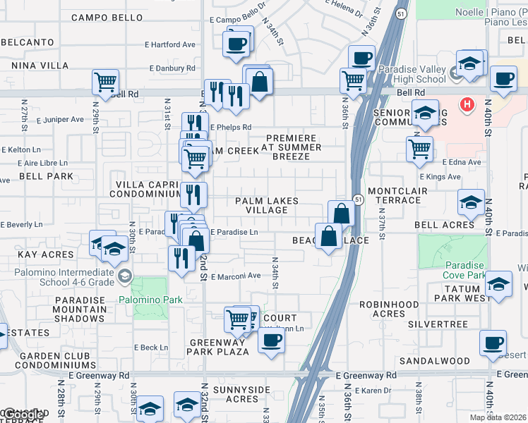 map of restaurants, bars, coffee shops, grocery stores, and more near 16226 North 33rd Way in Phoenix