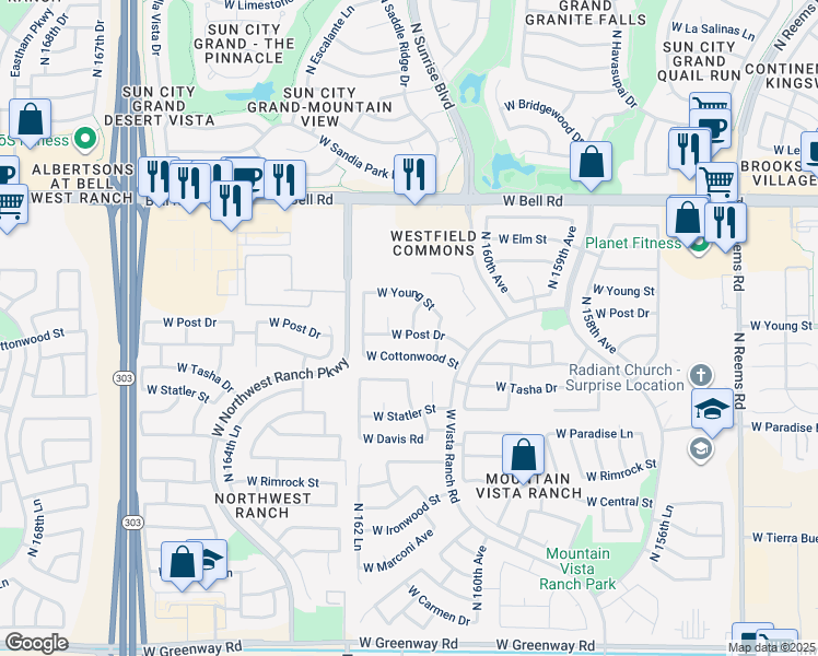 map of restaurants, bars, coffee shops, grocery stores, and more near 16206 West Post Drive in Surprise