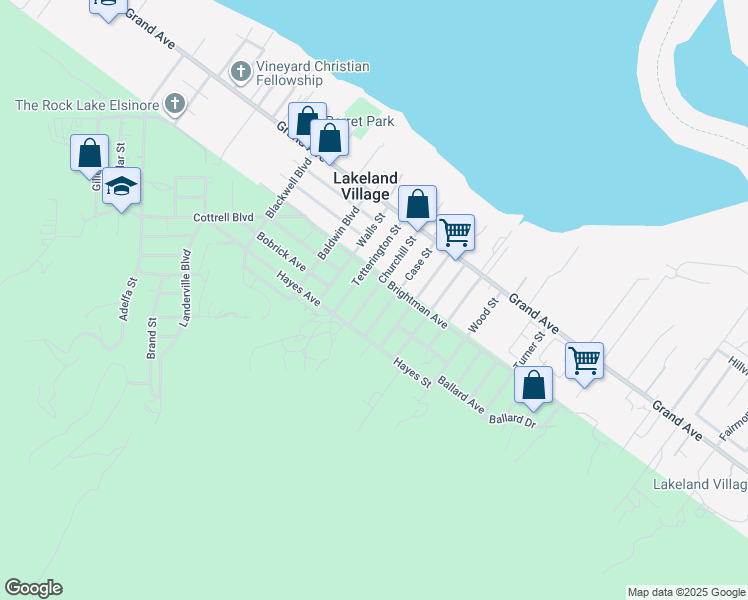 map of restaurants, bars, coffee shops, grocery stores, and more near 33206 Churchill Street in Lake Elsinore