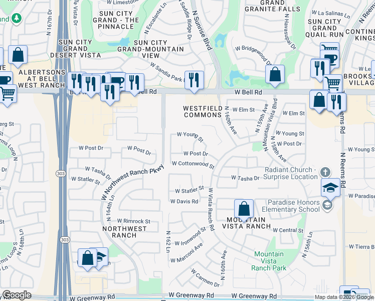 map of restaurants, bars, coffee shops, grocery stores, and more near 16206 West Post Drive in Surprise
