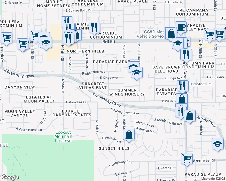 map of restaurants, bars, coffee shops, grocery stores, and more near 1913 East Grandview Road in Phoenix