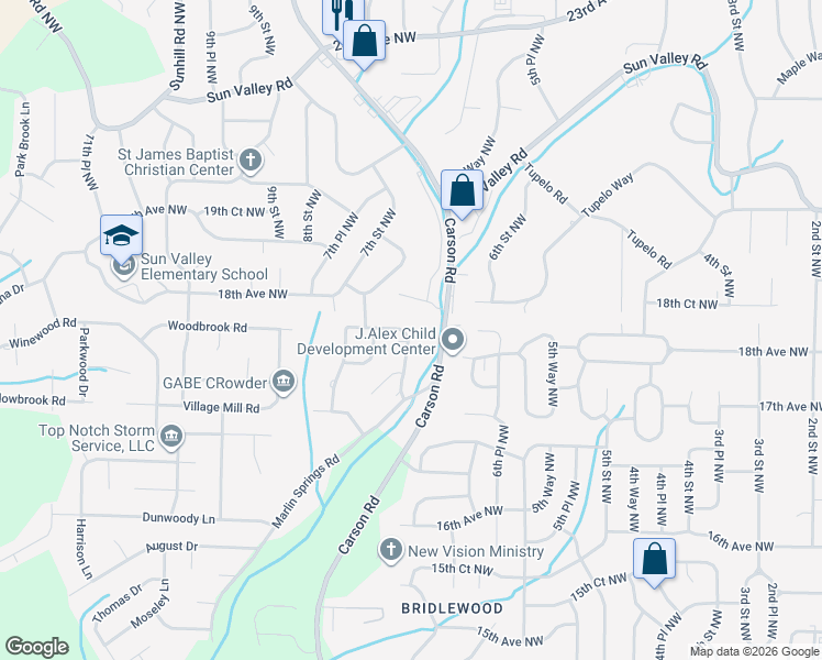 map of restaurants, bars, coffee shops, grocery stores, and more near 621 Woodbrook Road in Center Point