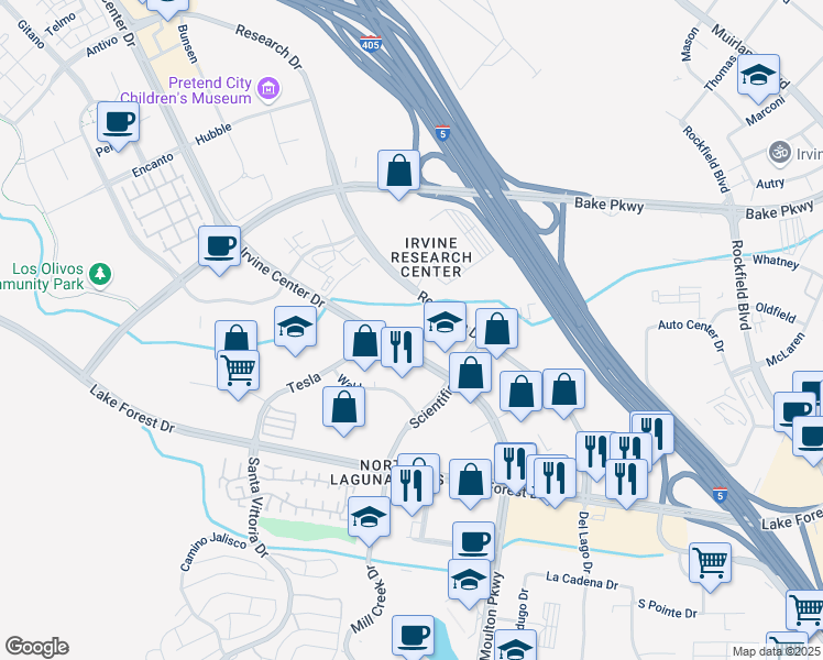map of restaurants, bars, coffee shops, grocery stores, and more near 9591 Irvine Center Drive in Irvine