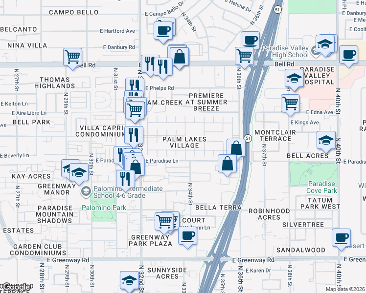 map of restaurants, bars, coffee shops, grocery stores, and more near 16226 North 33rd Way in Phoenix