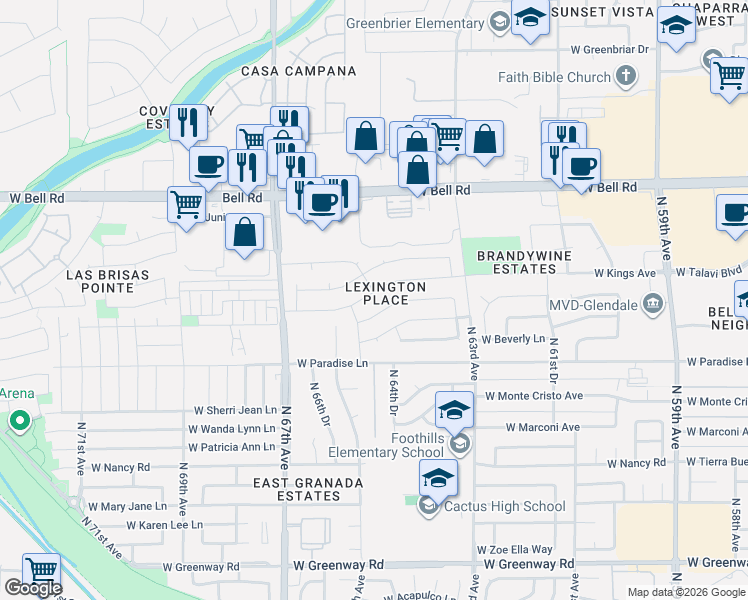 map of restaurants, bars, coffee shops, grocery stores, and more near 6501 W Kings Ave in Glendale