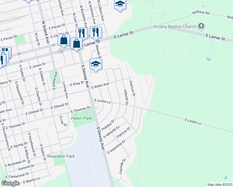 map of restaurants, bars, coffee shops, grocery stores, and more near 726 Holiday Drive in Sherman