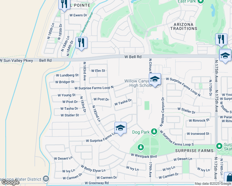 map of restaurants, bars, coffee shops, grocery stores, and more near 18095 West Young Street in Surprise