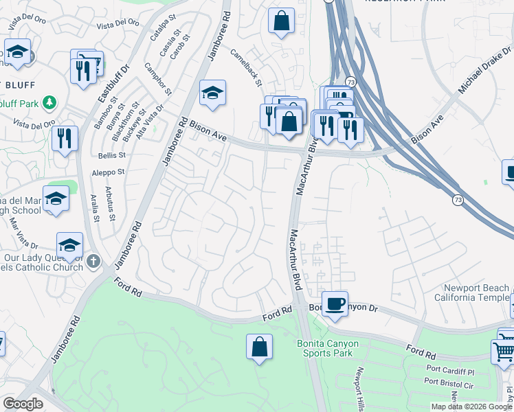 map of restaurants, bars, coffee shops, grocery stores, and more near 32 Gleneagles Drive in Newport Beach