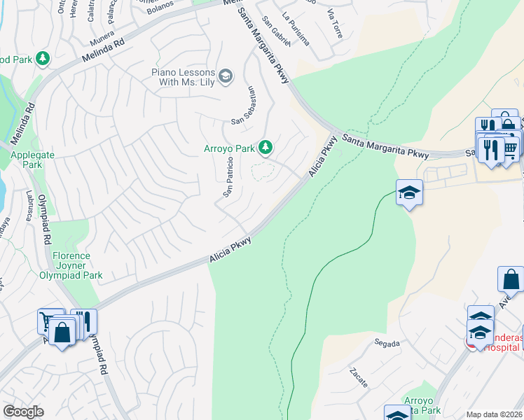 map of restaurants, bars, coffee shops, grocery stores, and more near 12 Santa Teresa in Rancho Santa Margarita