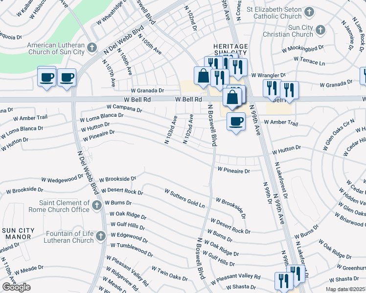 map of restaurants, bars, coffee shops, grocery stores, and more near 10171 West Hutton Drive in Sun City