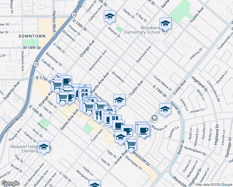 map of restaurants, bars, coffee shops, grocery stores, and more near 366 East 18th Street in Costa Mesa