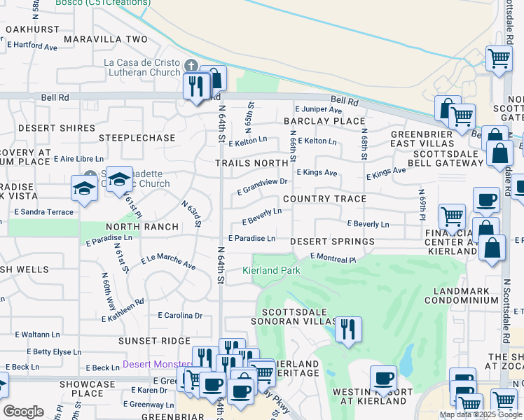 map of restaurants, bars, coffee shops, grocery stores, and more near 6452 East Beverly Lane in Scottsdale