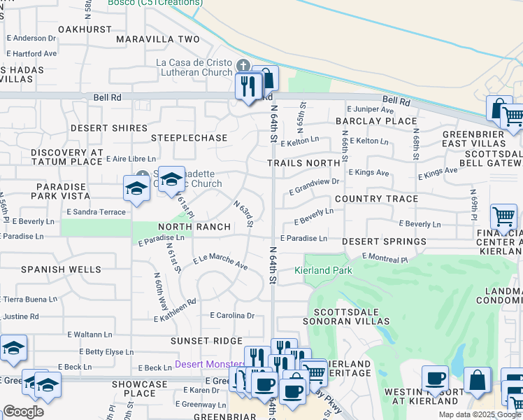 map of restaurants, bars, coffee shops, grocery stores, and more near 16226 North 63rd Place in Scottsdale