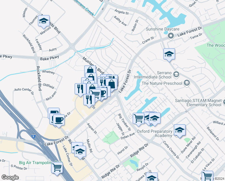 map of restaurants, bars, coffee shops, grocery stores, and more near 22611 Lake Forest Drive in Lake Forest