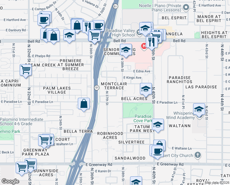 map of restaurants, bars, coffee shops, grocery stores, and more near 3710 East Beverly Lane in Phoenix