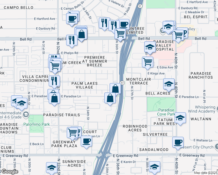 map of restaurants, bars, coffee shops, grocery stores, and more near 3512 East Beverly Lane in Phoenix