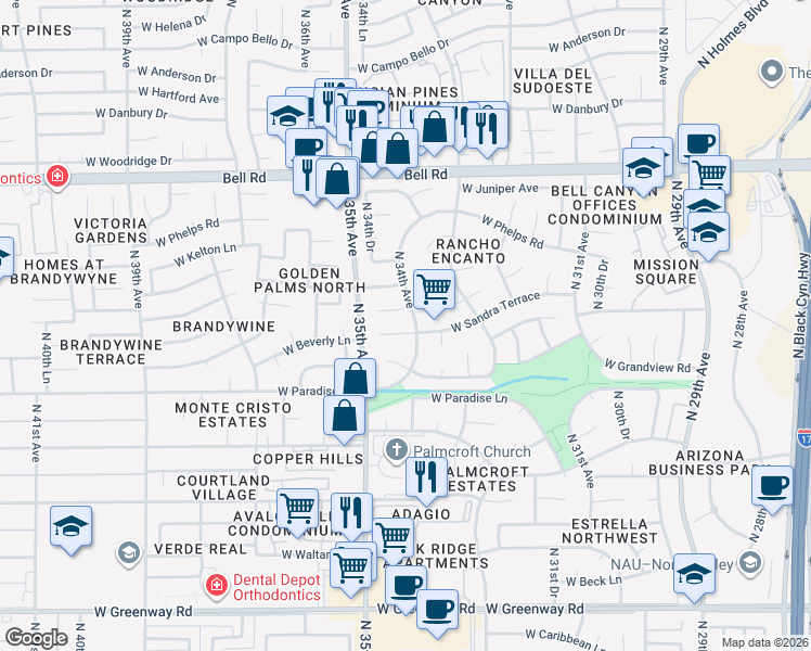 map of restaurants, bars, coffee shops, grocery stores, and more near 3420 West Sandra Terrace in Phoenix