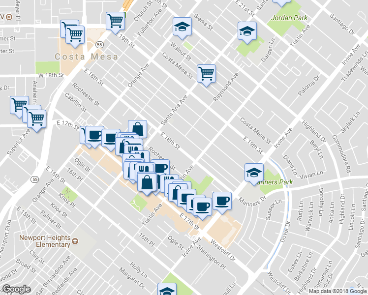 map of restaurants, bars, coffee shops, grocery stores, and more near 366 East 18th Street in Costa Mesa