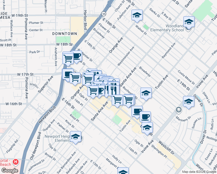 map of restaurants, bars, coffee shops, grocery stores, and more near 283 Cabrillo Street in Costa Mesa