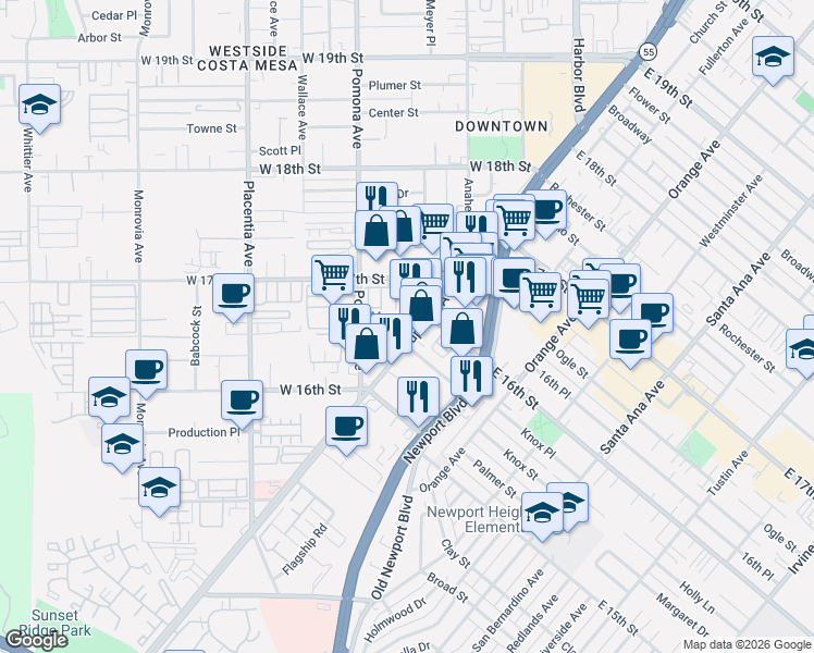 map of restaurants, bars, coffee shops, grocery stores, and more near 1653 Superior Avenue in Costa Mesa