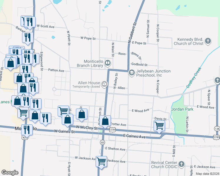 map of restaurants, bars, coffee shops, grocery stores, and more near 121 East Oakland Avenue in Monticello