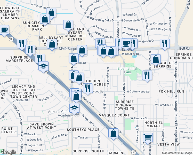map of restaurants, bars, coffee shops, grocery stores, and more near 16589 North Queen Esther Drive in Surprise