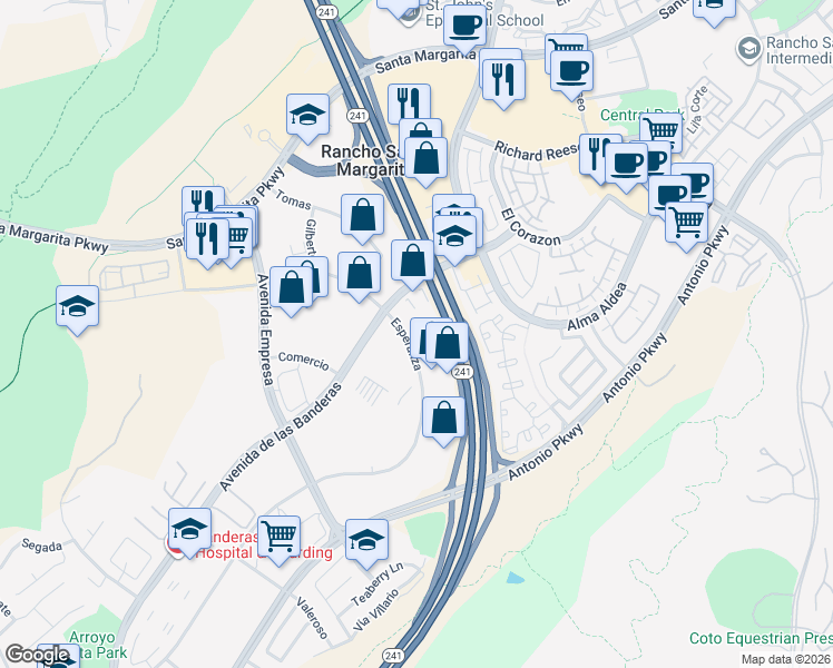 map of restaurants, bars, coffee shops, grocery stores, and more near 30402 Esperanza in Rancho Santa Margarita