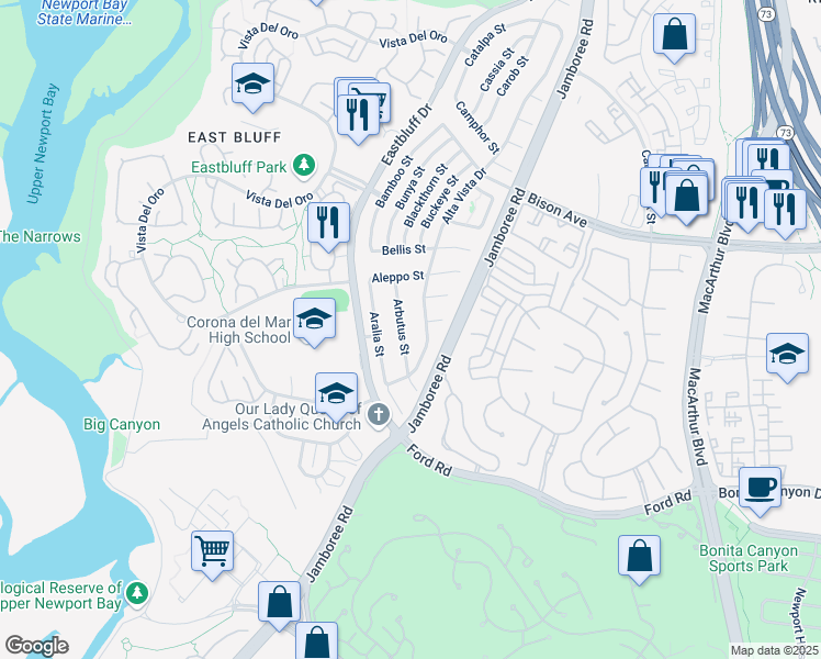 map of restaurants, bars, coffee shops, grocery stores, and more near 2301 Arbutus Street in Newport Beach