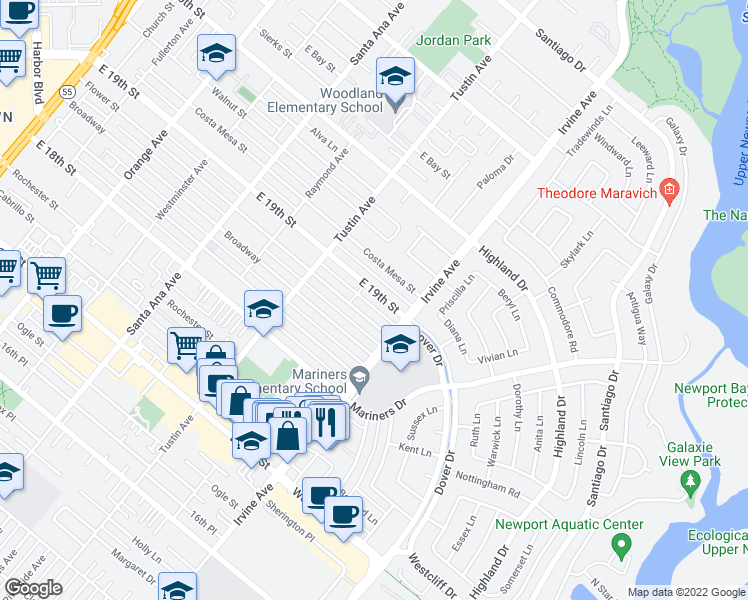 map of restaurants, bars, coffee shops, grocery stores, and more near 467 East 19th Street in Costa Mesa