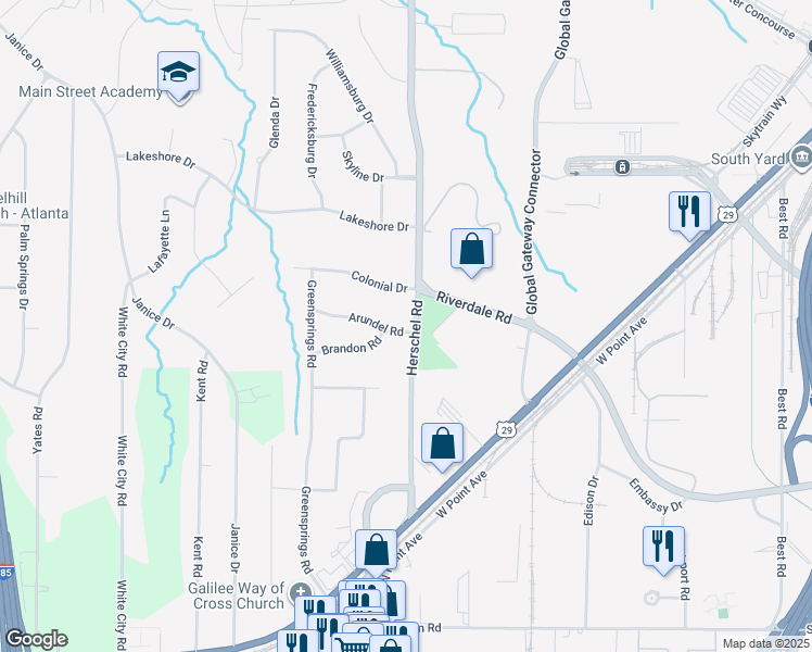 map of restaurants, bars, coffee shops, grocery stores, and more near 2561 Arundel Road in College Park