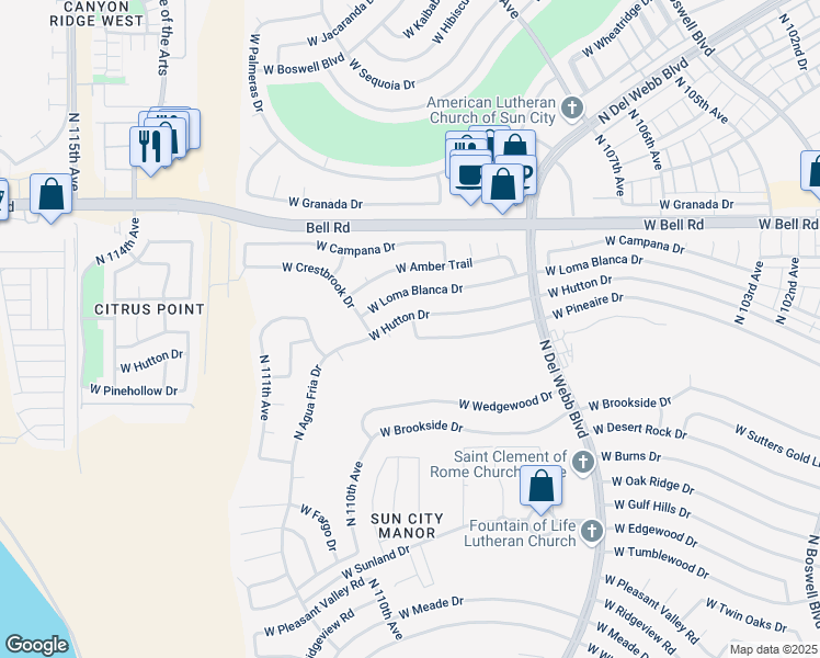 map of restaurants, bars, coffee shops, grocery stores, and more near 10841 West Pineaire Drive in Sun City