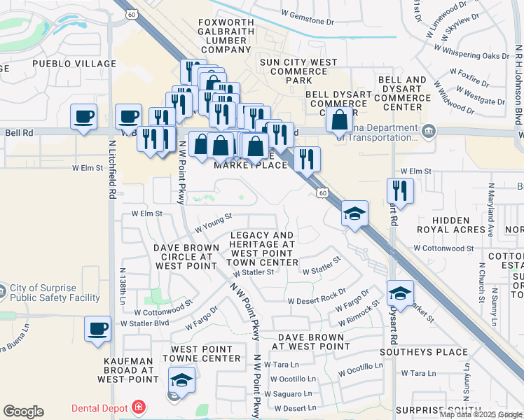 map of restaurants, bars, coffee shops, grocery stores, and more near 13470 West Young Street in Surprise