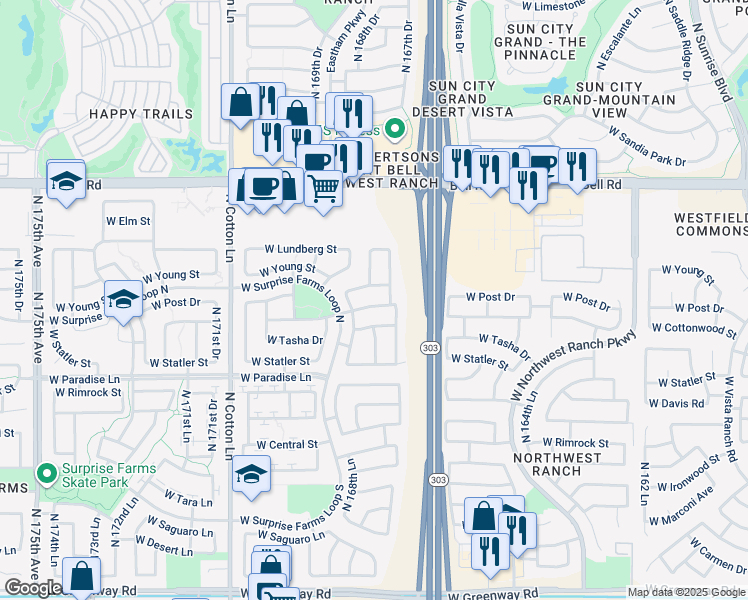 map of restaurants, bars, coffee shops, grocery stores, and more near 16842 West Cottonwood Street in Surprise