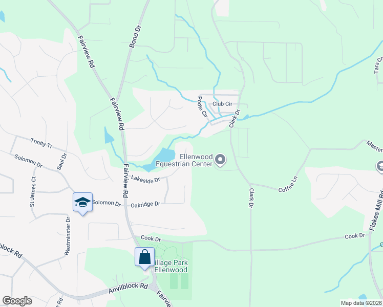 map of restaurants, bars, coffee shops, grocery stores, and more near 170 Lakeside Drive in Ellenwood