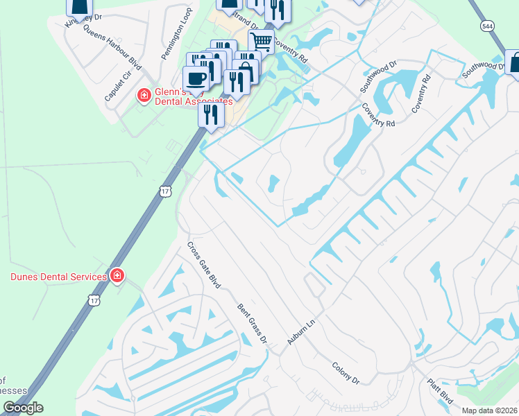 map of restaurants, bars, coffee shops, grocery stores, and more near 381 Deerfield Links Drive in Myrtle Beach